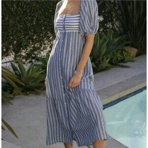 Emerson Fry Love Tomas Cotton Smock Striped Maxi Cottagecore Ruffle Dress XS S